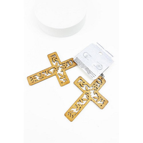 MSER12089 Wooden Cross Earring Beige