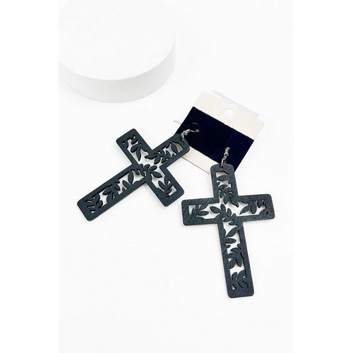 MSER12089 Wooden Cross Earring Black