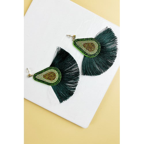 MS-MSER10280 Rhinestone Tassel Fruit Earrings Avocado