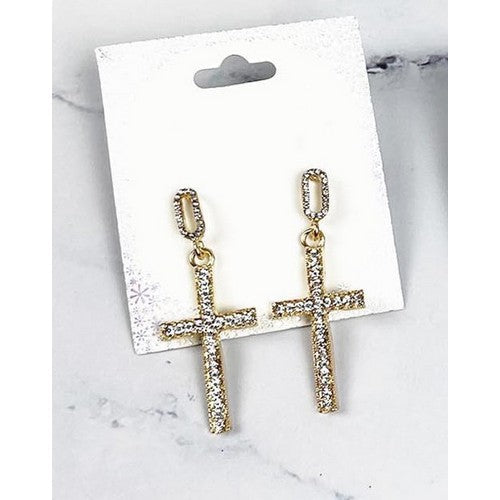 MSER121939 Rhinestone Cross Earring Gold