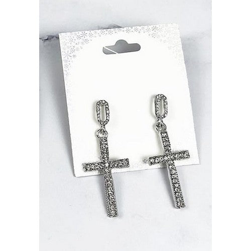 MSER121939 Rhinestone Cross Earring Silver