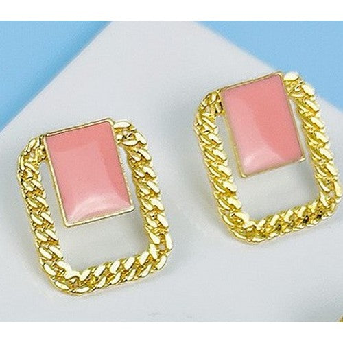 MS-MSER10395 Gold Chain Stopper Earrings Pink
