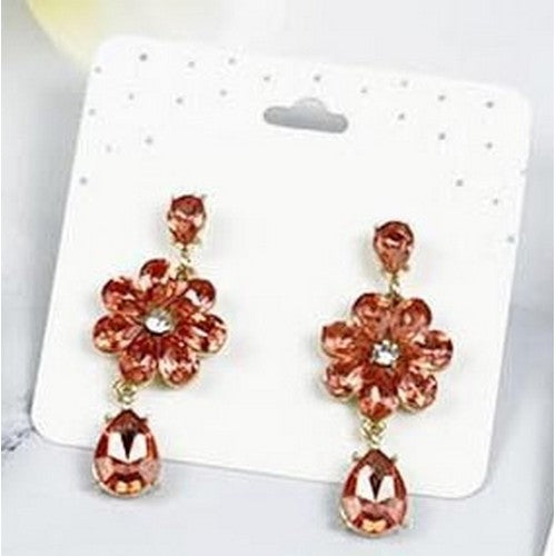 MSER121940 Crystal Flower Teadrop Post Earrings Orange