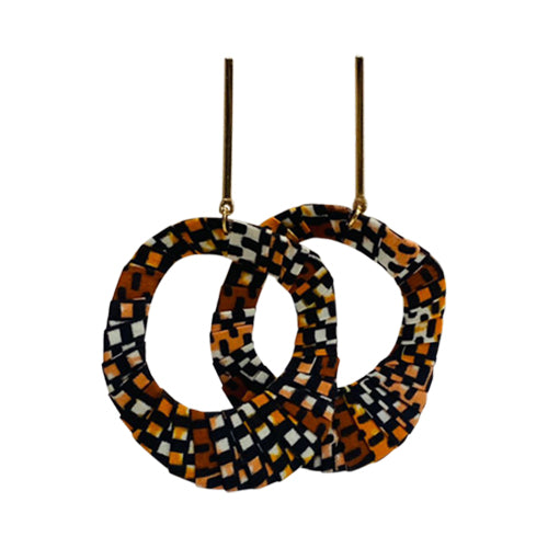 African Fabric Gold Bar Disc Earrings in Brown