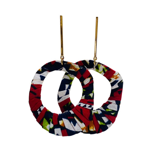 African Fabric Gold Bar Disc Earrings in Burgundy
