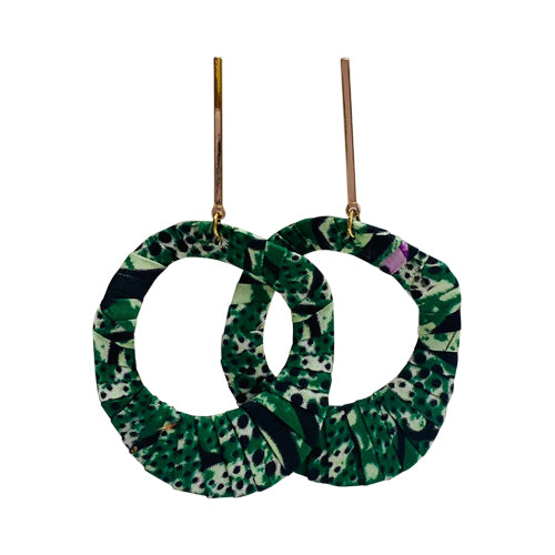 African Fabric Gold Bar Disc Earrings in Green