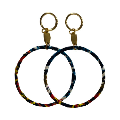 African Fabric Gold Ring Drop Earrings in Blue