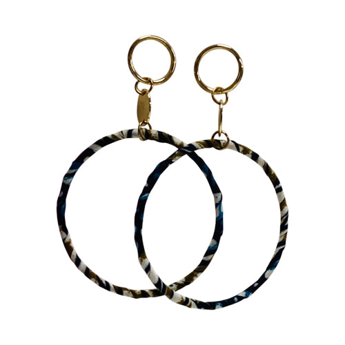 African Fabric Gold Ring Drop Earrings in Brown