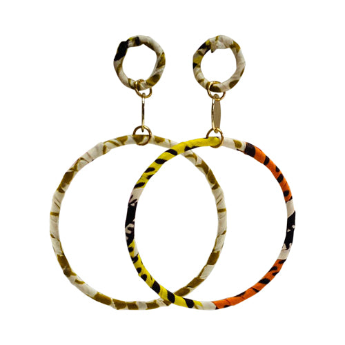 African Fabric Gold Ring Drop Earrings in Orange