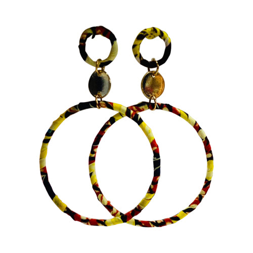 African Fabric Gold Ring Drop Earrings in Yellow
