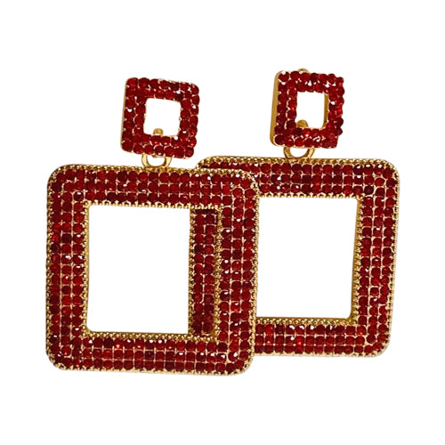 Rhinestone Square Drop Earrings in Red
