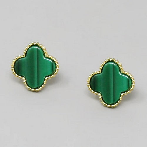 111891 Quatrefoil Clover Stopper Stud Earring in Gold Green