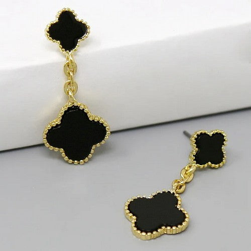 FE7125 Quatrefoil Clover Charm Drop Earring in Black