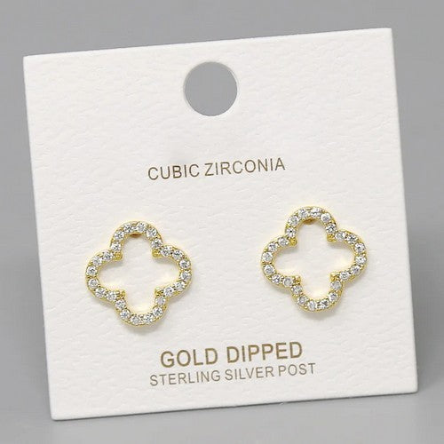 PE1314 Quatrefoil Clover CZ Stopper Stud Earring in Gold Dipped