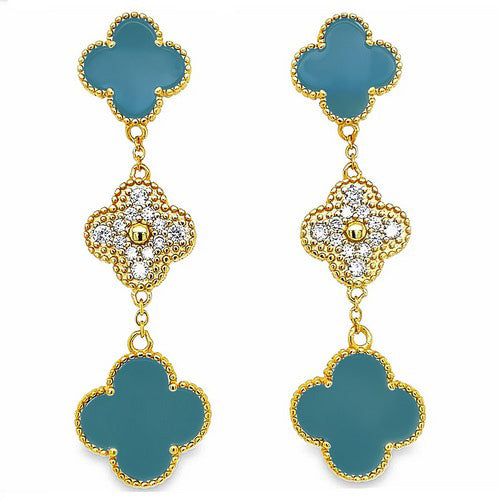 Rhinestone & Enamel Clover Clip-On Earring in Gold & Turquoise