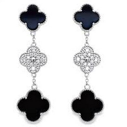 Rhinestone & Enamel Clover Clip-On Earring in Silver & Black