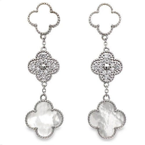 Rhinestone & Enamel Clover Clip-On Earring in Silver & White