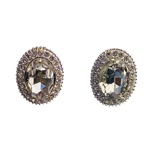 Oval Gem Earring in Silver & Clear