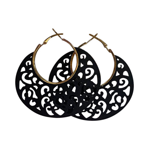 Cut-Out Wooden Disc Hoop Earrings in Black