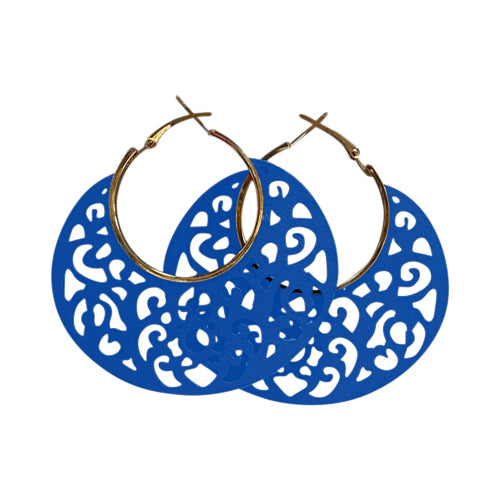 Cut-Out Wooden Disc Hoop Earrings in Blue