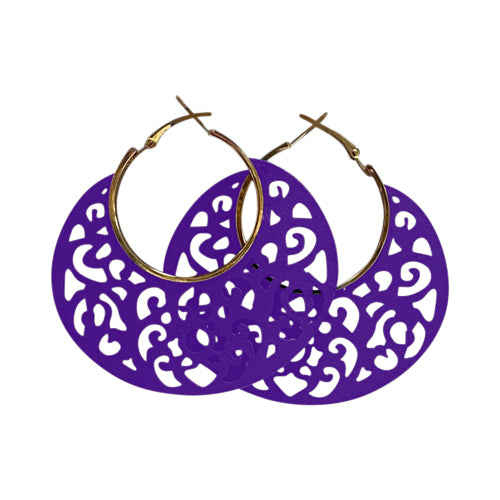 Cut-Out Wooden Disc Hoop Earrings in Purple