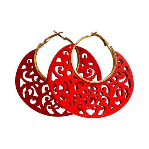 Cut-Out Wooden Disc Hoop Earrings in Red