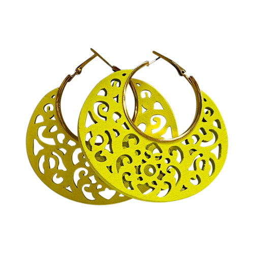 Cut-Out Wooden Disc Hoop Earrings in Yellow