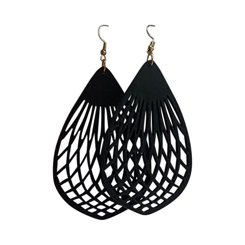 Cut-Out Teardrop Wooden Earrings in Black