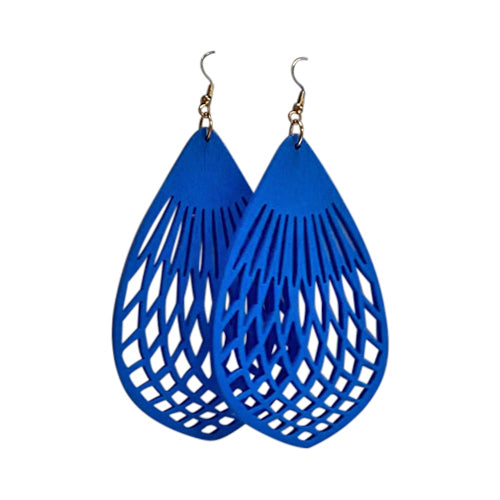 Cut-Out Teardrop Wooden Earrings in Blue