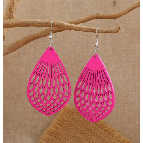 Cut-Out Teardrop Wooden Earrings in Fuchsia