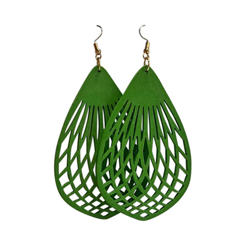 Cut-Out Teardrop Wooden Earrings in Green