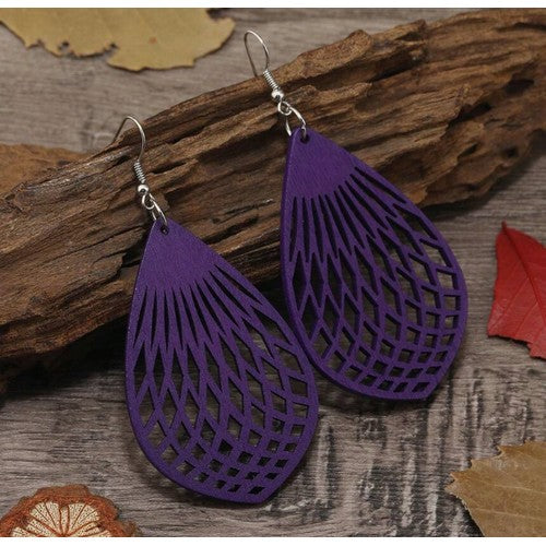 Cut-Out Teardrop Wooden Earrings in Purple