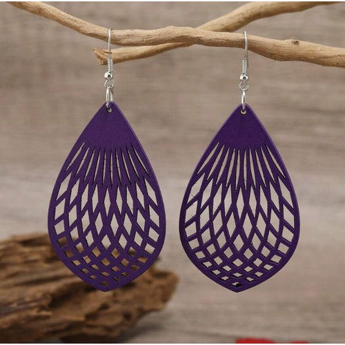 Cut-Out Teardrop Wooden Earrings in Purple
