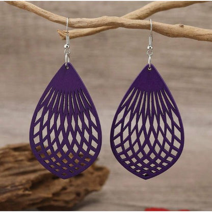 Cut-Out Teardrop Wooden Earrings in Purple