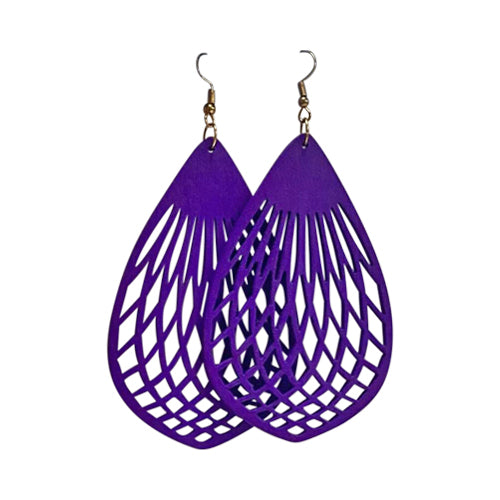 Cut-Out Teardrop Wooden Earrings in Purple
