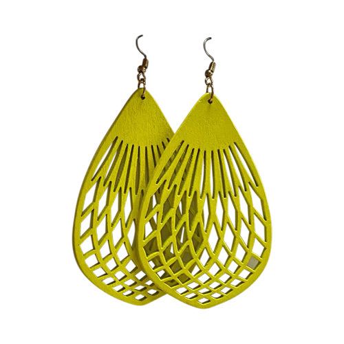 Cut-Out Teardrop Wooden Earrings in Yellow