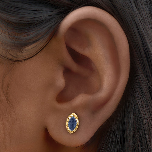 Marquise Halo Gem Gold Stopper Studs in Navy Blue