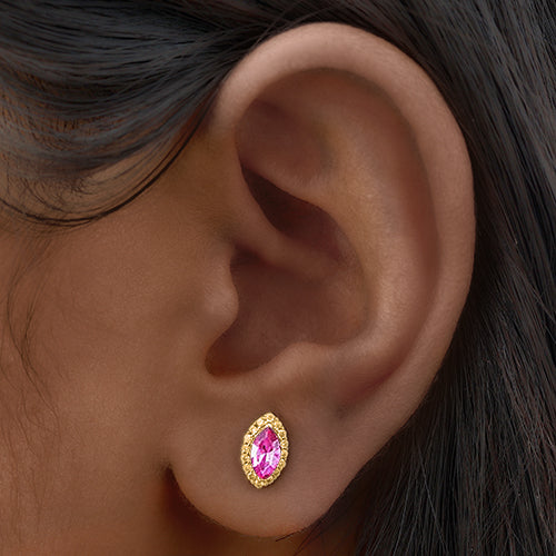 Marquise Halo Gem Gold Stopper Studs in Pink
