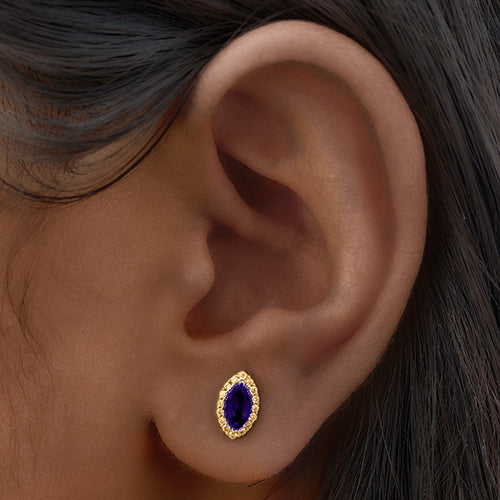 Marquise Halo Gem Gold Stopper Studs in Purple
