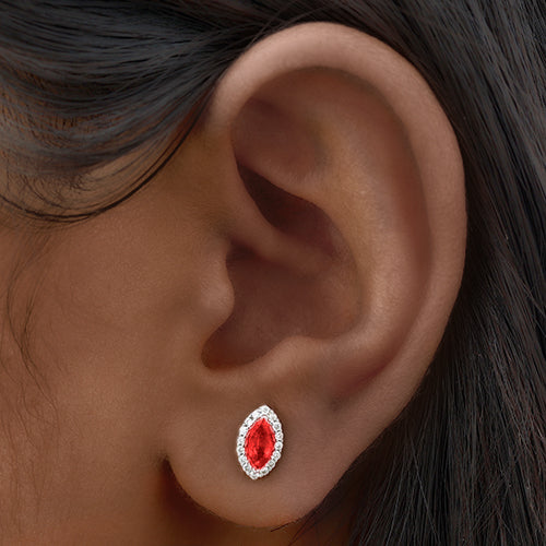 Marquise Halo Gem Silver Stopper Studs in Red