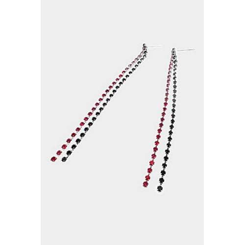 PKE1049 2 Strand Black & Red Rhinestone Long Earring in Silver