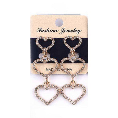 PKE6774 Triple Heart Rhinestone Clip-On Earrings in Gold