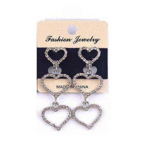 PKE6774 Triple Heart Rhinestone Clip-On Earrings in Silver