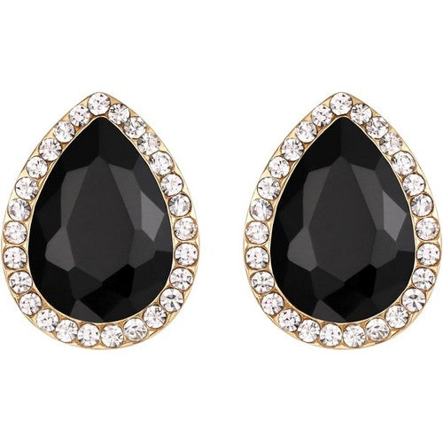 Teardrop Halo Gem Gold Clip-On Earring in Black