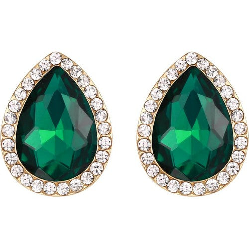 Teardrop Halo Gem Gold Clip-On Earring in Green