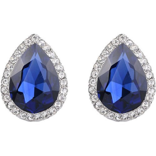 Teardrop Halo Gem Silver Clip-On Earring in Royal Blue