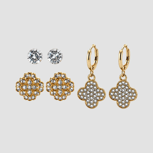 Rhinestone 3-Pair Clover Earrings Set in Gold