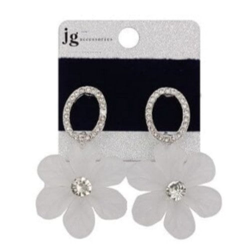 ER-2688 Rhinestone Ring White Daisy Flower Earrings in Silver