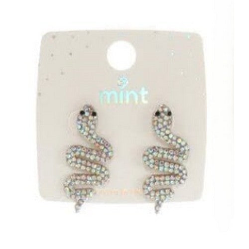 JAE-46680 Snake Rhinestone Earrings in Silver & AB
