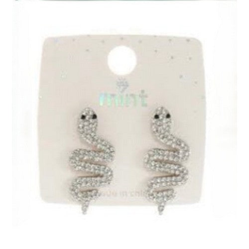 JAE-46680 Snake Rhinestone Earrings in Silver & Clear